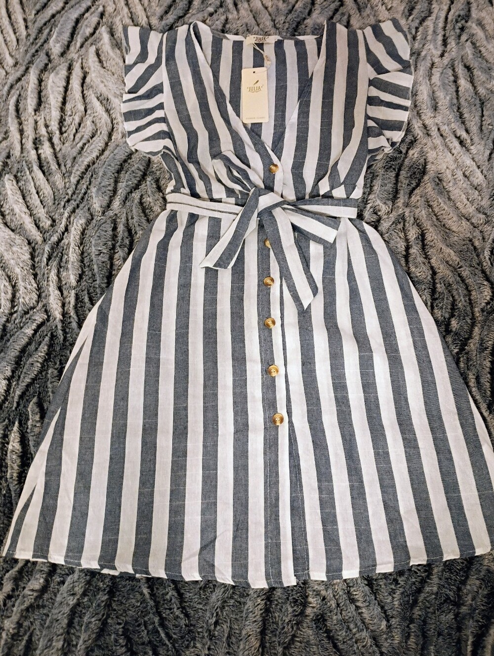 Julia Striped Blue And White Ruffle Sleeveless Button Tie Front Dress